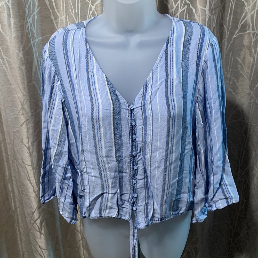 A.N.A Blue & White Women's Crop Top Tie Front Shirt Blouse Size Medium